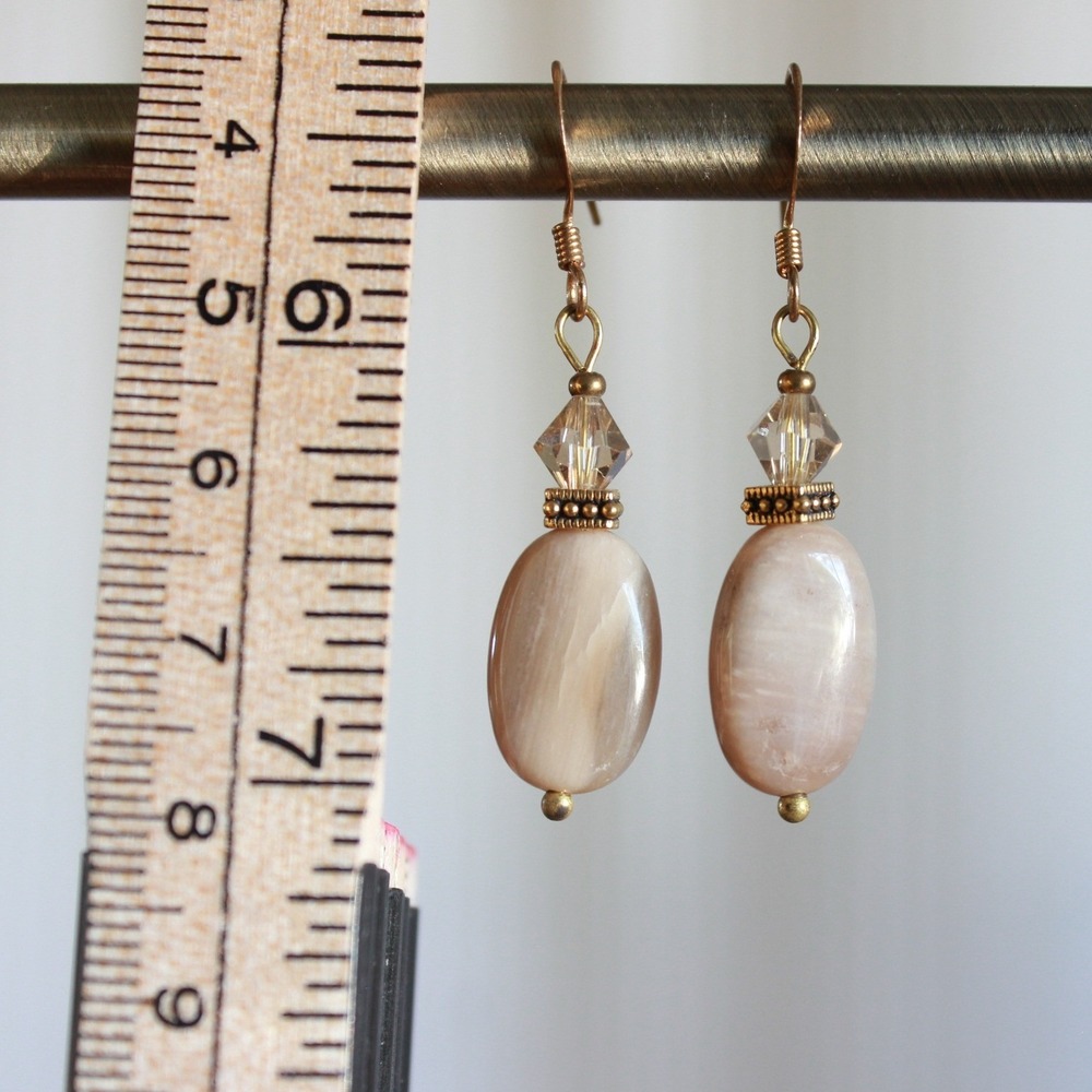 Peach Moonstone Crystal Drop Earrings Brass Tone Oval Dangle Boho Handmade F6 - Picture 2 of 3
